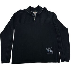 Harley Davidson Mens Pullover Sweater Black Spellout 1/4 Zip Mock Neck Ribbed L